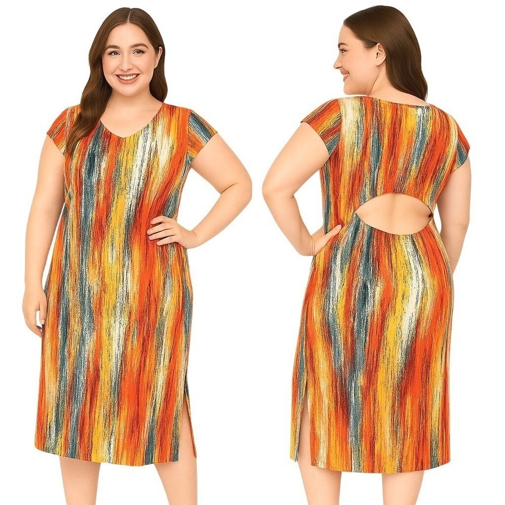 B Famous New Abstract Brushstroke Bodycon Midi Dress Large Cutout Back Side Slit